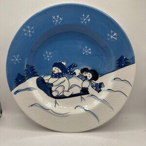 Snow Valley Hand Painted Plate Snowman Sledding Scene Winter Design By Tony Mier
